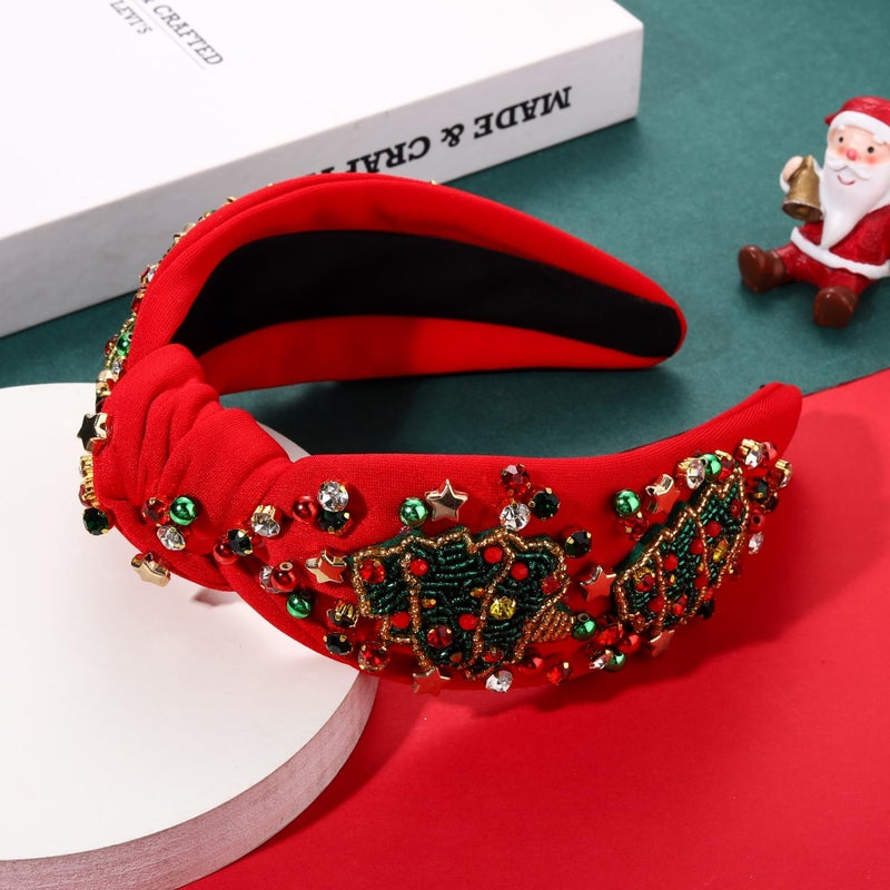 Boderier Christmas Headbands for Women Beaded Christmas Tree Headband Jeweled Crystal Star Wide Knotted Headband Xmas Holiday Hair Accessories Gifts (Red-Tree) - Image 2